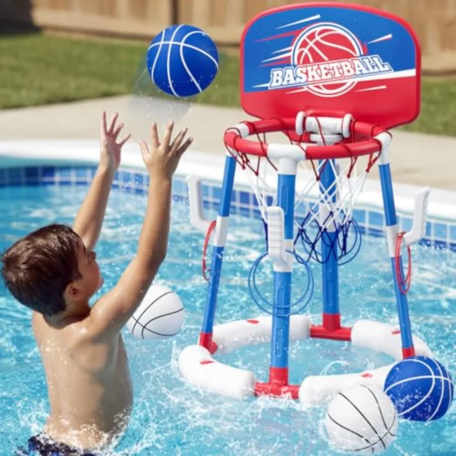 

2 in 1 Pool Basketball Hoop with Ring Toss Floating Pool Toys - Anti-Tip Stable Base - with 4 Balls/8 Rings/Pump - Summer Water