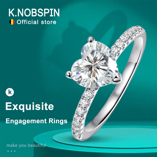 KNOBSPIN D 여성용 하트 모이사나이트 약혼 반지, 925 스털링 실버 도금, 18k 화이트 골드 다이아몬드 약속 반지, VVS1 1-2ct 