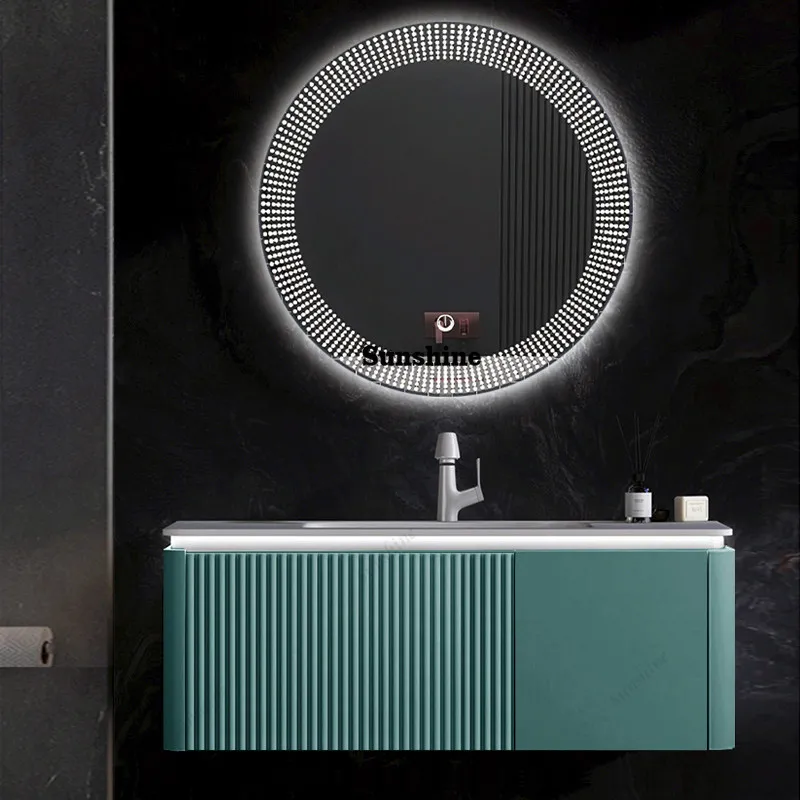 Rock slab ceramic seamless splicing integrated basin bathroom cabinet light luxury washstand rounded corner arc connection