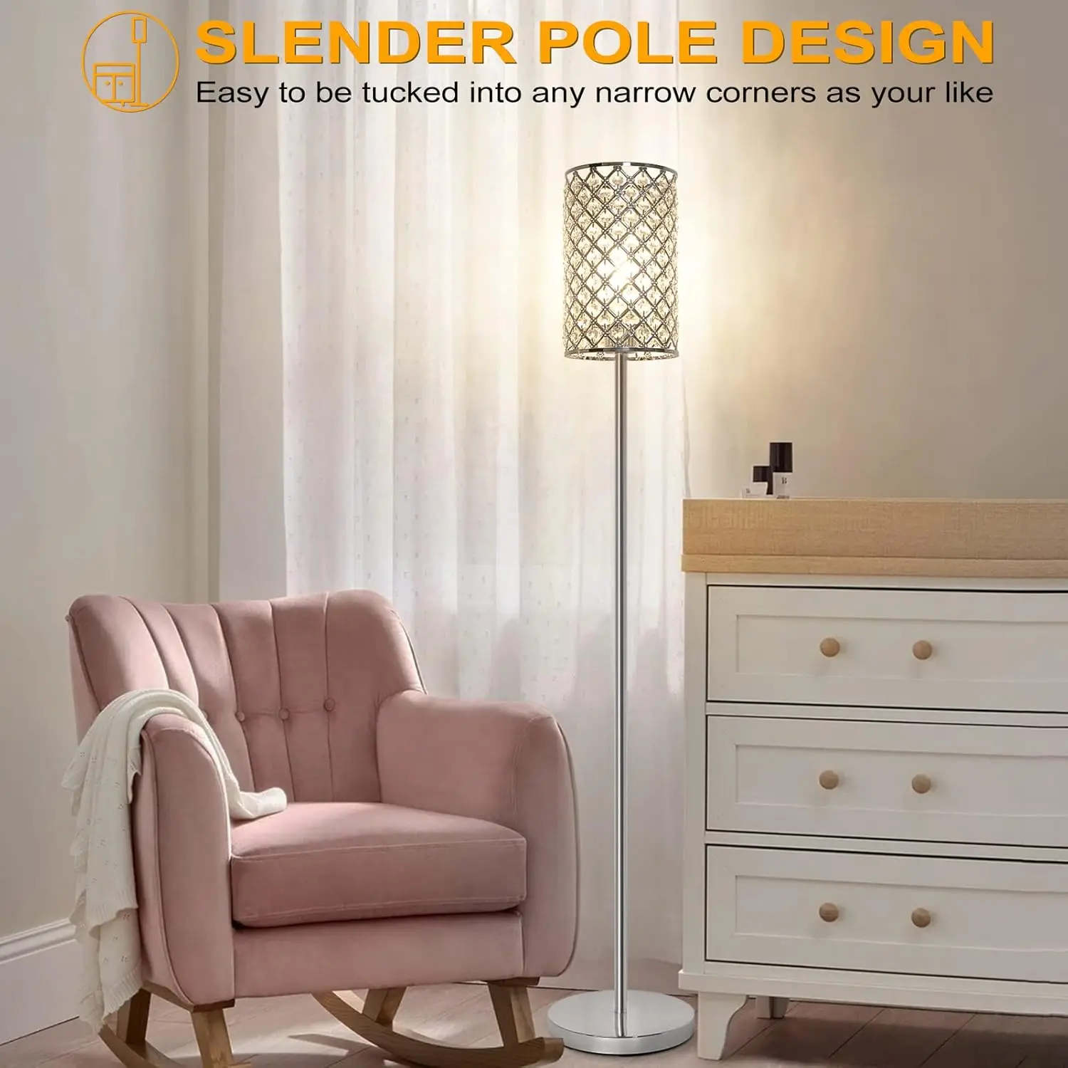 Candeeiro de pé moderno de cristal com LED, abajur elegante e interruptor de pé para sala de estar, quarto, escritório