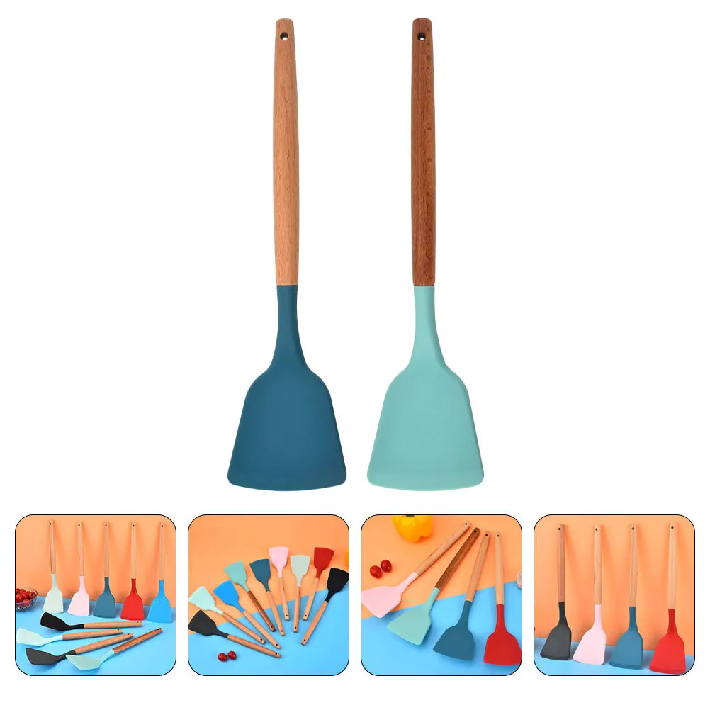 

2Pcs Wooden Handle Cooking Shovel Silicone Spatula Lightweight Kitchen Utensil Wok Food Cooking Tool Non-Stick