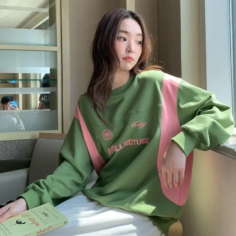 

Ретро-свитшот из хлопка для женщин, повседневный, с цветными блоками и буквенным принтом, весна-осень, новый стиль, элегантный, свободный, универсальный худи