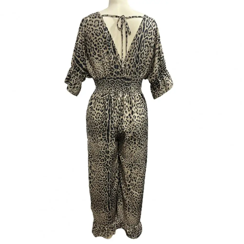 Loose Women Jumpsuit Leopard Print Wide Leg V Neck Jumpsuit Ruffle Patchwork High Waist Full Length Commute Beach Long Jumpsuit