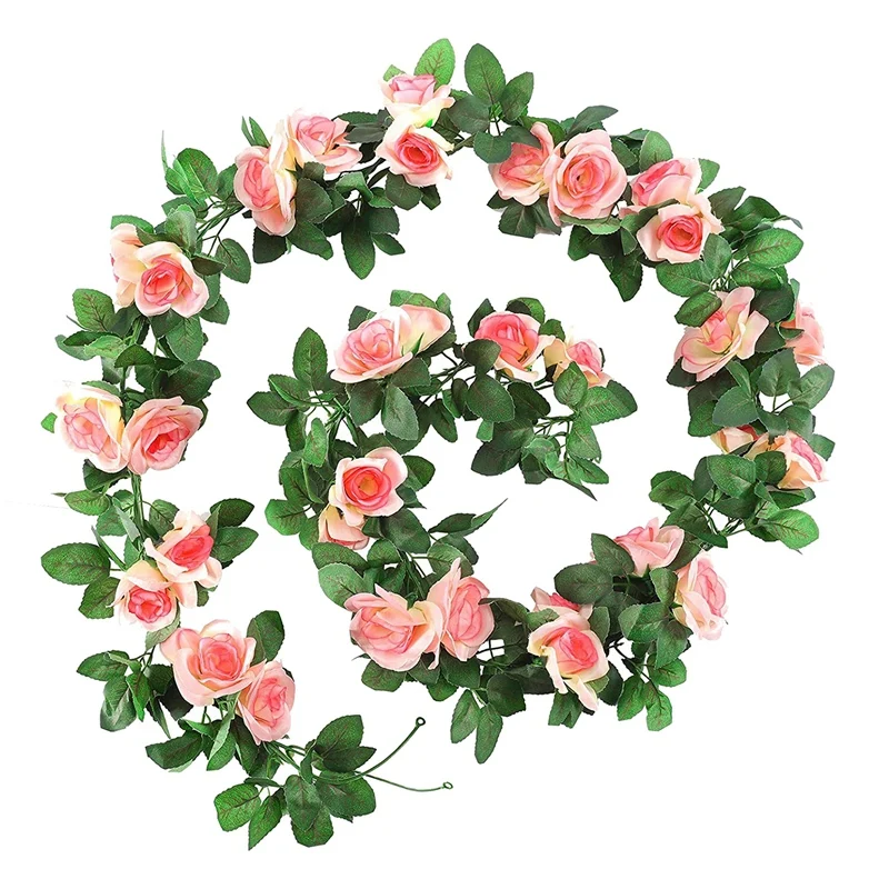 Artificial Rose Garland, 2 Pack 15 FT Pink Fake Rose Vine Hanging Flowers Plants Faux Flower For Wedding Home