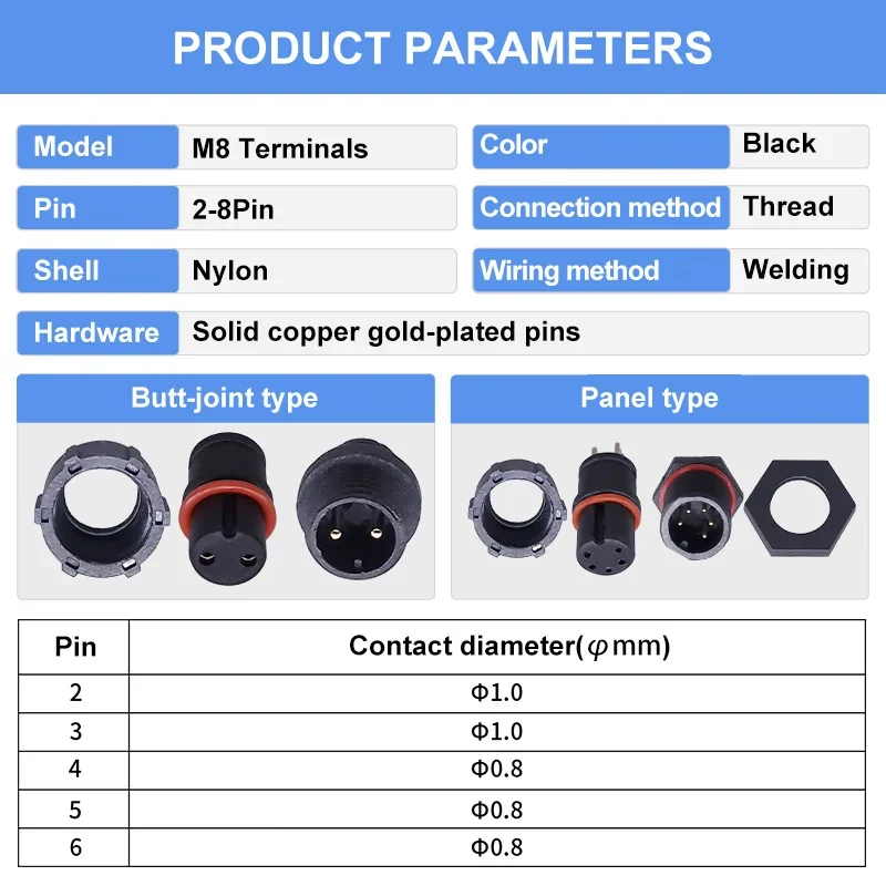 Waterproof M8 2/3/4/5pin Docking/Panel Type Connector Gold-plated Terminals Male Female Solder M8 Solid Pin Aviation Plug Socket