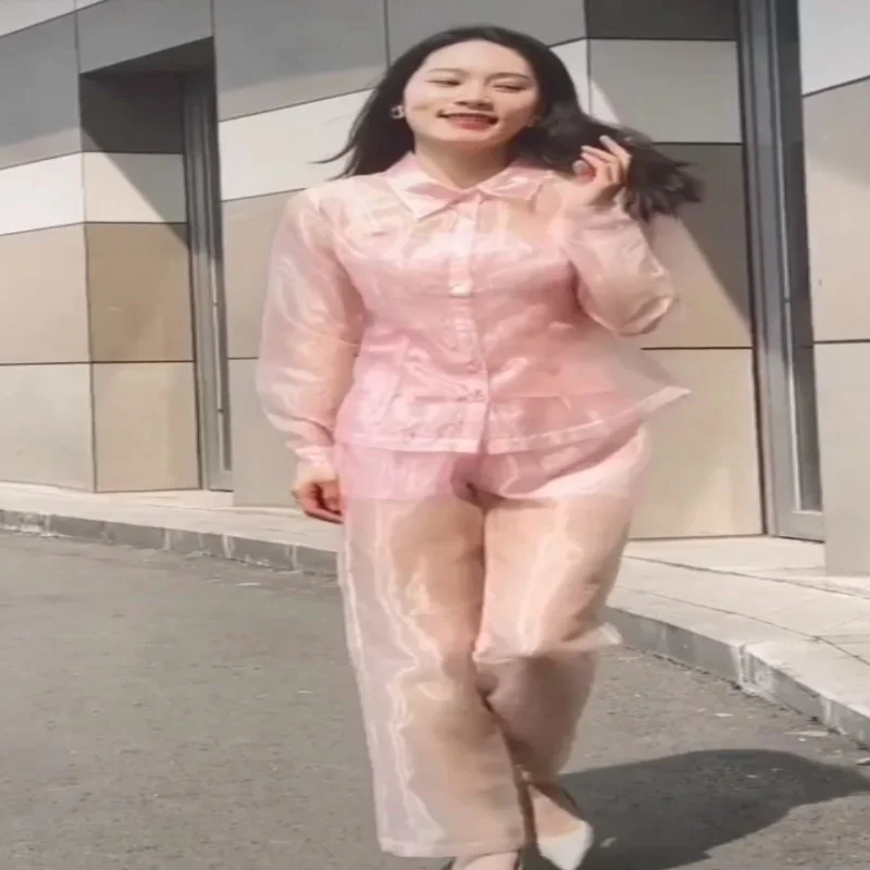 Men Pink Sexy Luxury See Through Organza Shirt Pants Set Women Thin Long Sleeve Glossy Slim Sheer Erotic Uniform Private Party