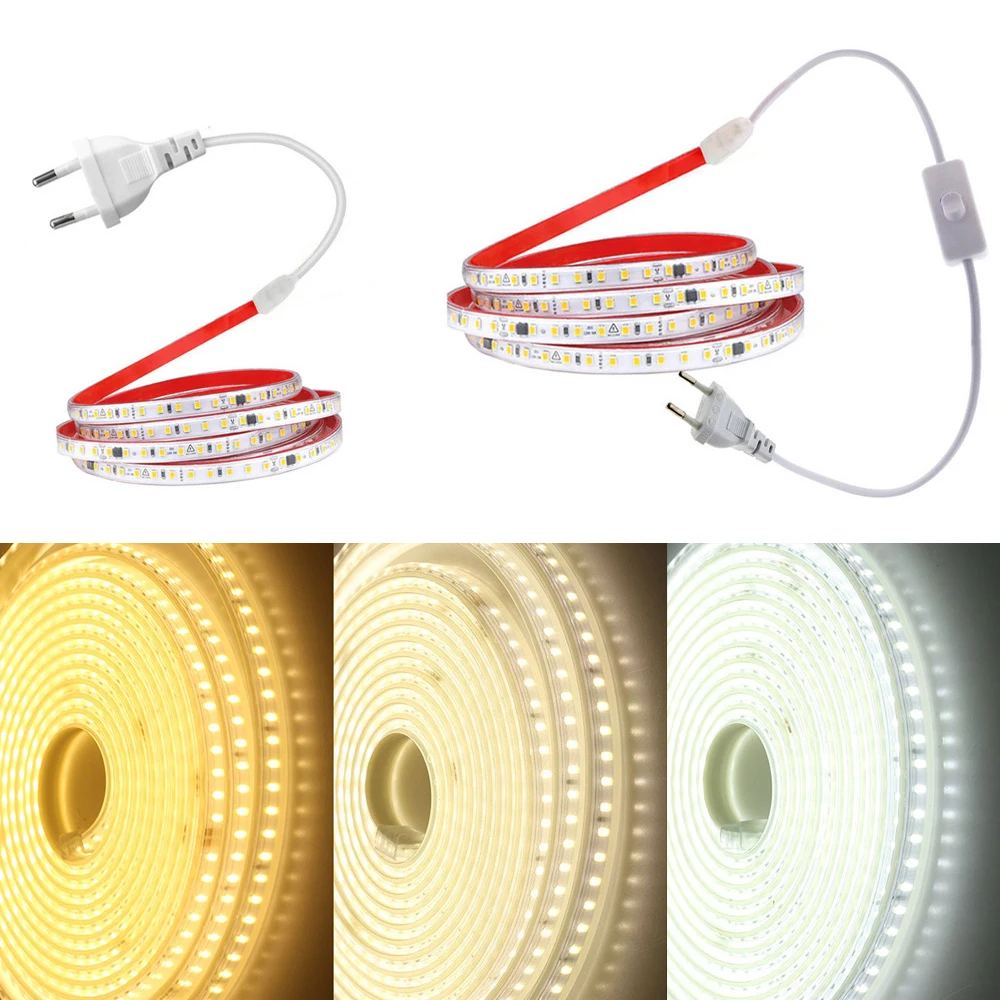 220V LED Strip Light SMD 2835 Flexible IP65 Waterproof Ribbon Lamp 10cm Cut Rope EU Power Plug 120Led/M For Room Bedroom Cabinet