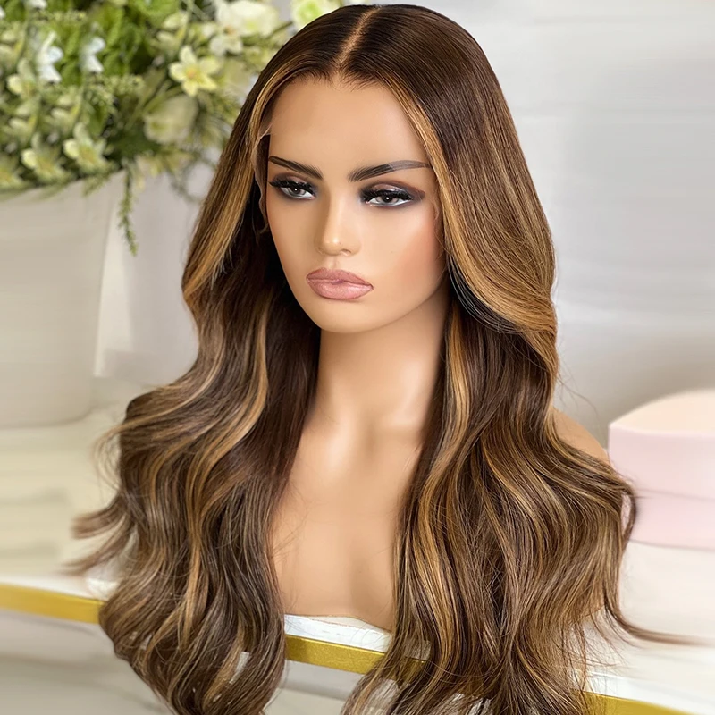 HIghlight Brown Soft Long 26'' Body Wave Glueless 5x5 Silk Base Jewish Human Hair Wig Baby Hair HD Lace European Hair Preplucked