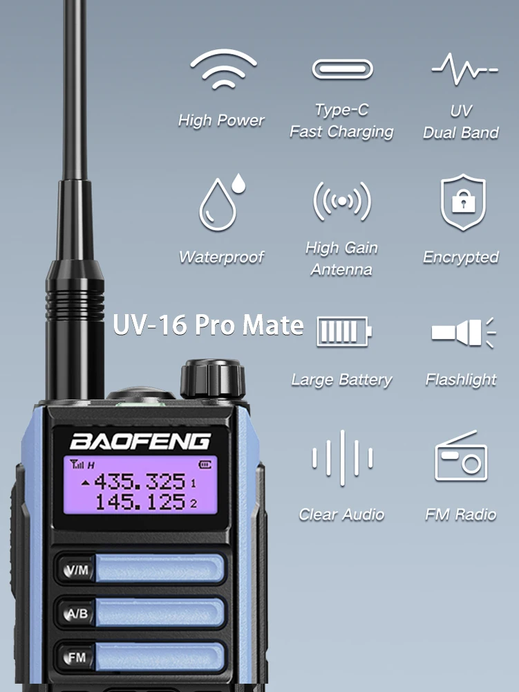 Baofeng Professiona UV16 Pro Mate WalkieTalkie 10W V2 Versi VHF UHF Dual Band Dua Arah CB Ham Portabel Radio Transceiver UV-16