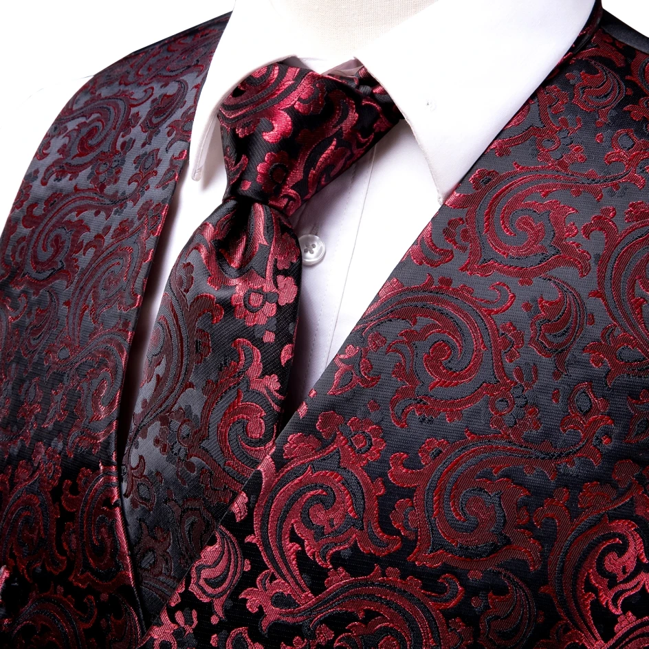 Hi-Tie rojo Borgoña seda vestido para hombre chaleco corbata pañuelo gemelos conjunto sin mangas Jacqurad chaleco Floral chaqueta para ropa masculina