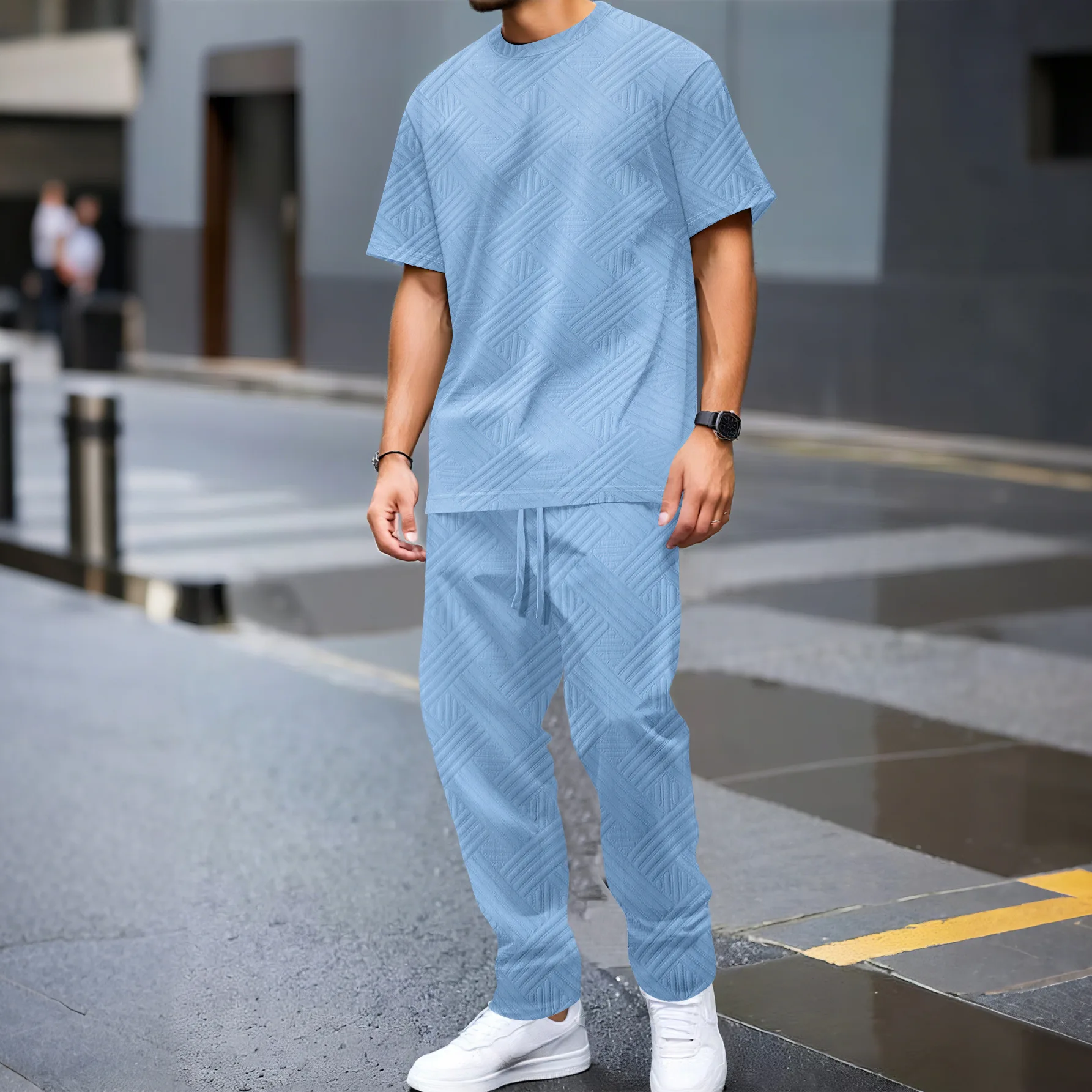 

Summer Men's New Jacquard Knitted Set: Casual and Fashionable Round-neck T-shirt + Trousers, Street Retro Solid-color Two-piece