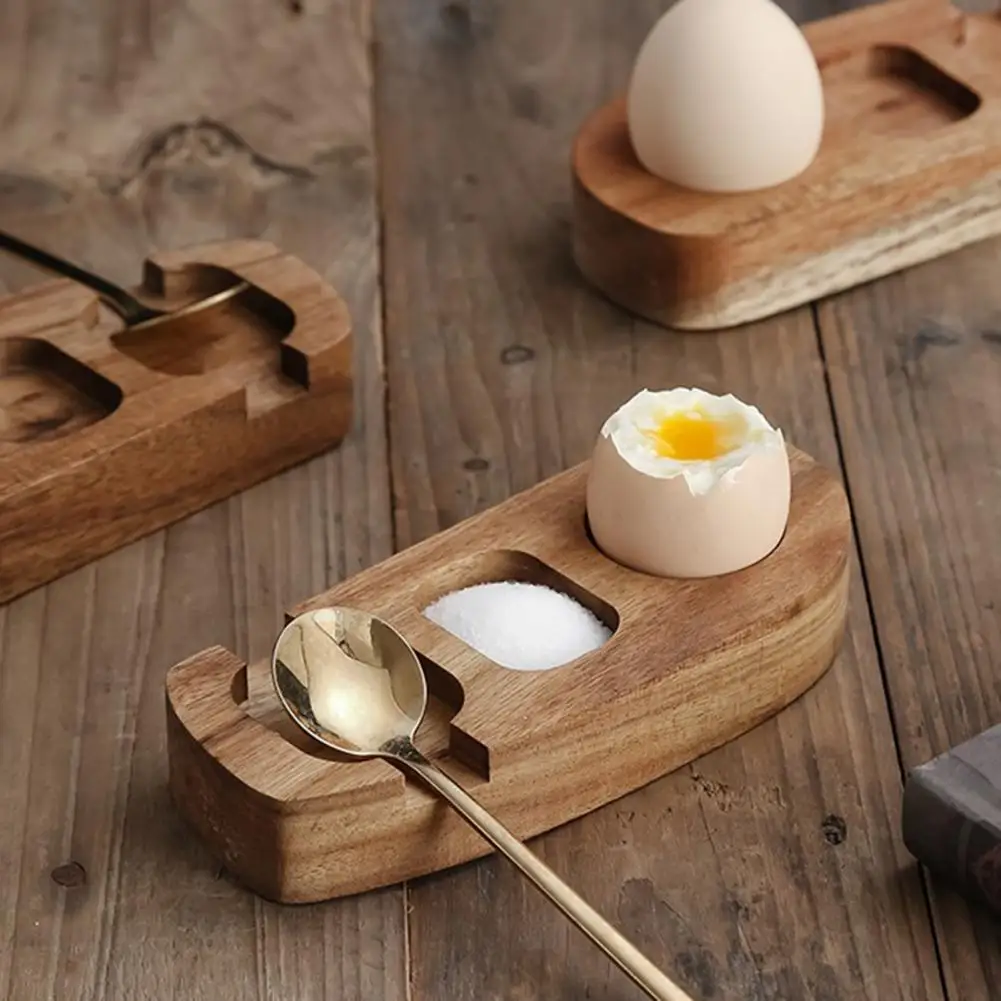 Refrigerator Egg Holder Wooden Egg Tray Wooden Egg Serving Tray with 3 Compartments Spoon Stackable Holder Rack for Snacks
