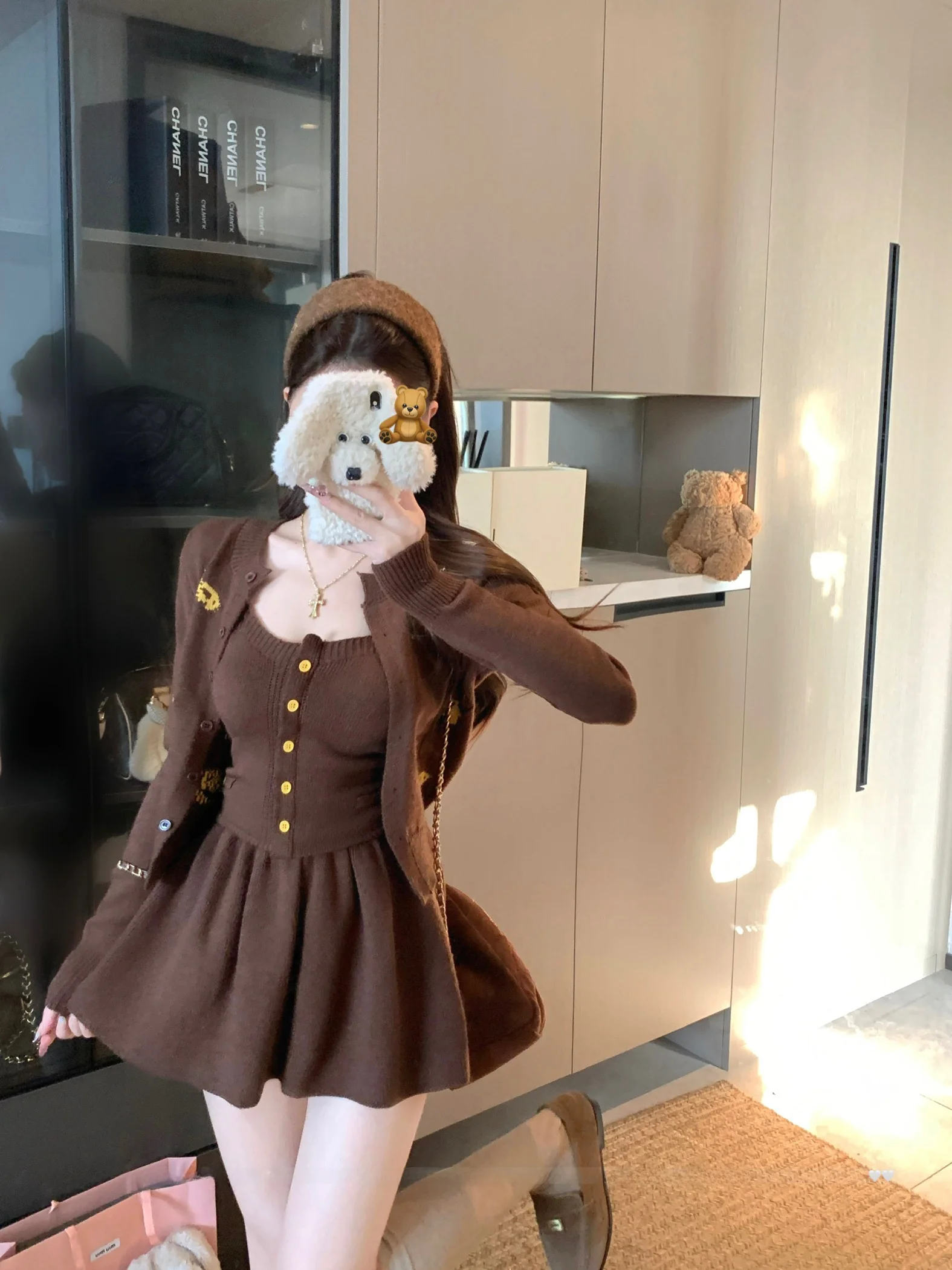 

Повседневный вязаный комплект из трех предметов с собачьим принтом: юбка с высокой талией, женский зимний модный ансамбль, круглый вырез, длинный рукав, на пуговицах