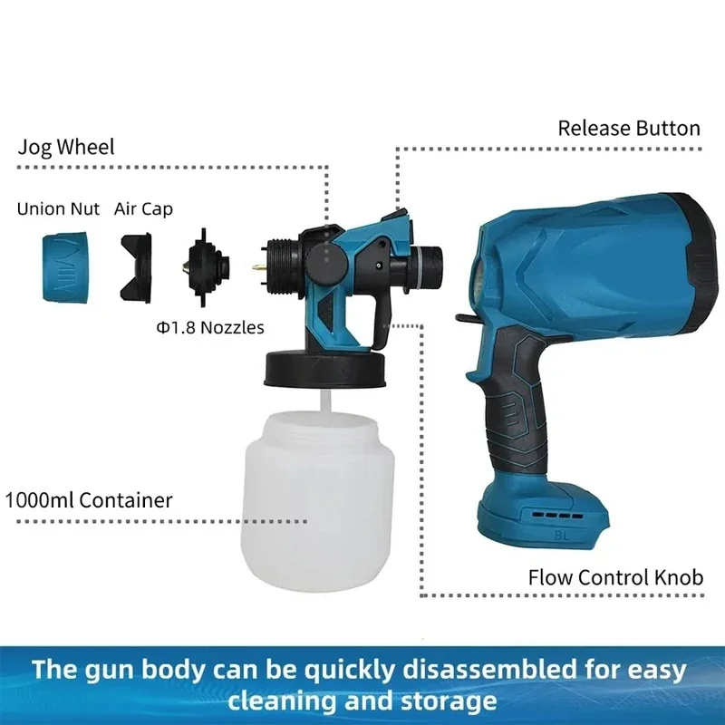 Imagem -04 - Pistola Elétrica Portátil para Makita 1000ml Bateria 18v Doméstico Desinfecção Pulverizador de Tinta Auto Revestimento de Móveis Aerógrafo