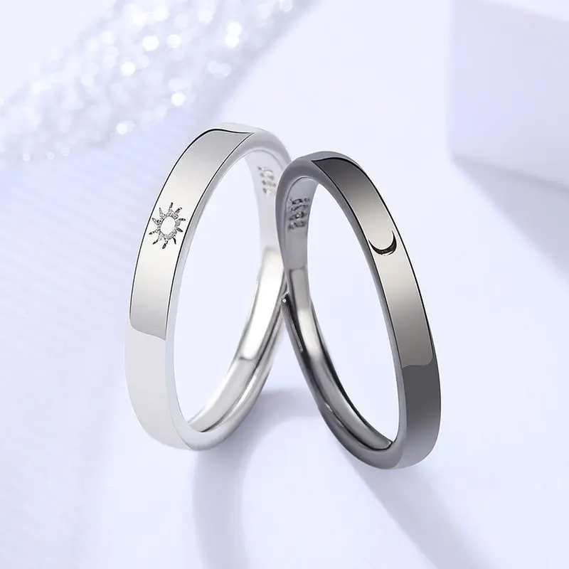 Classic Sun Moon Open Couple Ring for Women Men Romantic Black White Matching Finger Ring Set Jewelry Wedding Anniversary Gifts