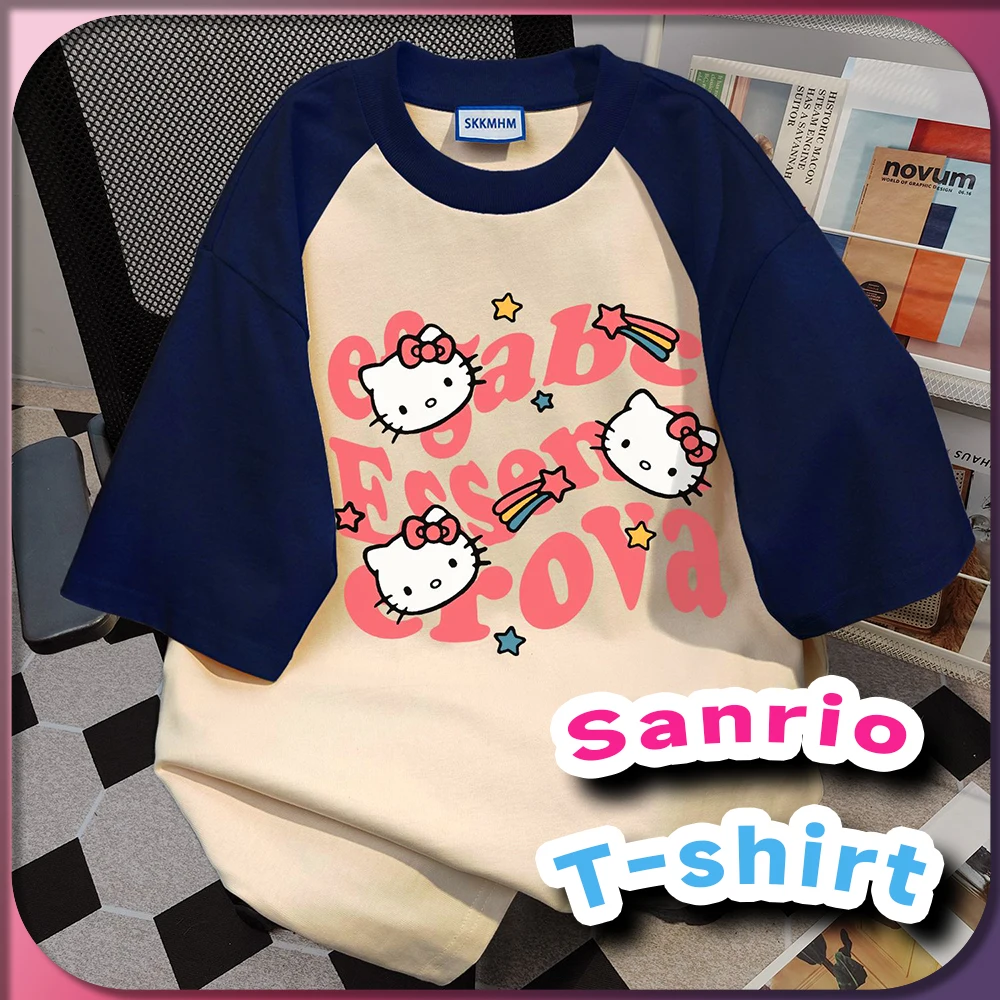 

Kawaii Hello футболка Китти Sanrio аниме Женская мода оверсайз Лето 2024 Новый хлопковый с коротким рукавом Y2k Топ