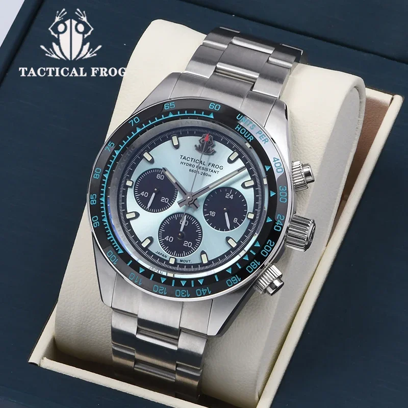 Reloj táctico de rana para hombre, cronógrafo de acero inoxidable, relojes de cuarzo, cristal de zafiro VS75, movimiento SOLAR, buceo, 20bar, resistente al agua