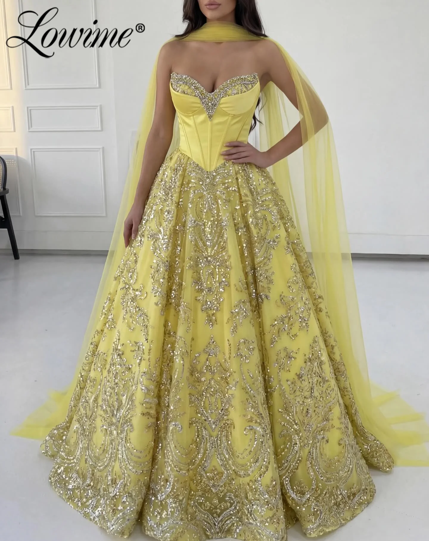 

Lowime, блестящее желтое вечернее платье с блестками, 2026, новые индивидуальные пышные платья для выпускного вечера, женские вечерние платья на день рождения с кристаллами