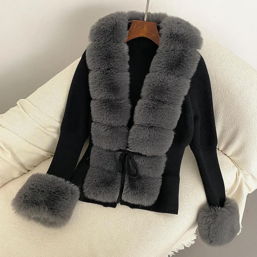 Faux Fur Coat Patchwork Knit Fur Knitted Cardigan Detachable Collar Jacket Sweater Bandage Autumn-winter Women\'s Fur Cardigan