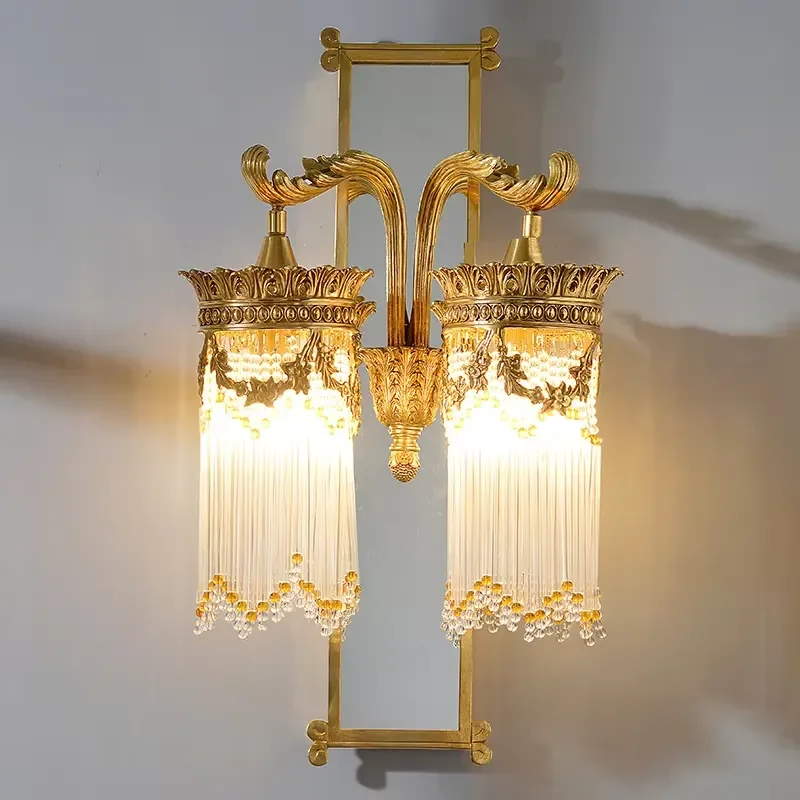 Lantern Mounted Light with Mirror Luxurious Wall Sconce Two Led Lights Brass Antique Wall Lamp Exquisite Copper Glass China