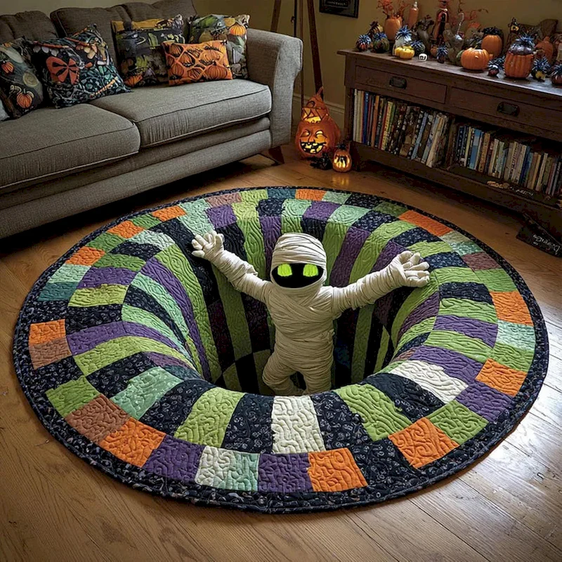 VIKAMA Halloween Illusion Vortex Round Rug Scary Skeleton Spider Black Cat Ghost Witch Non‑Slip Carpet for Halloween Home Decor