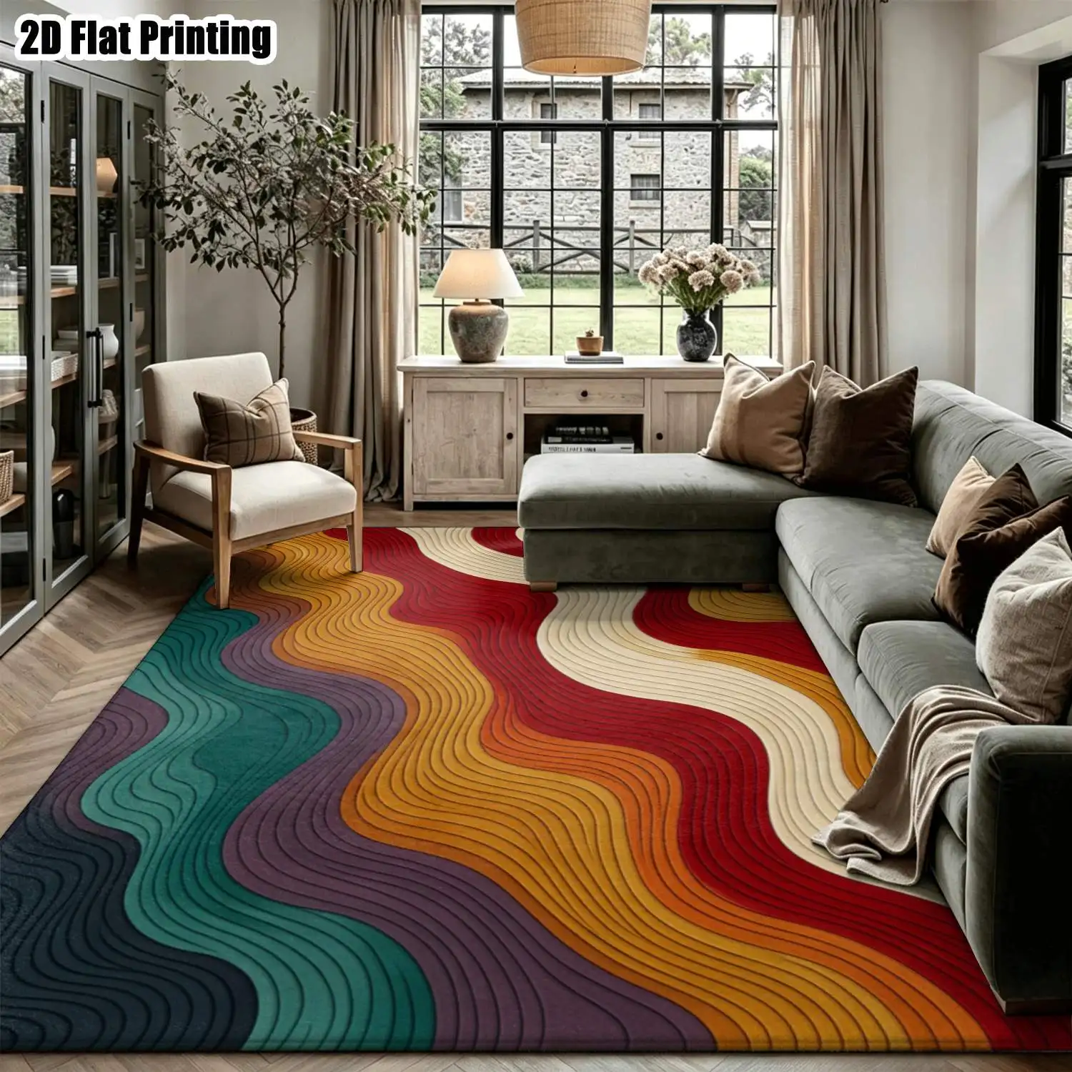 1Pc 2D Printed Contrast Wave Stripe Carpet: Retro, Minimalist, Instagram Style, Machine Washable, Multi-Size Home Decor for Entrance, Dining, Bedroom, Living Room, Foyer, Study