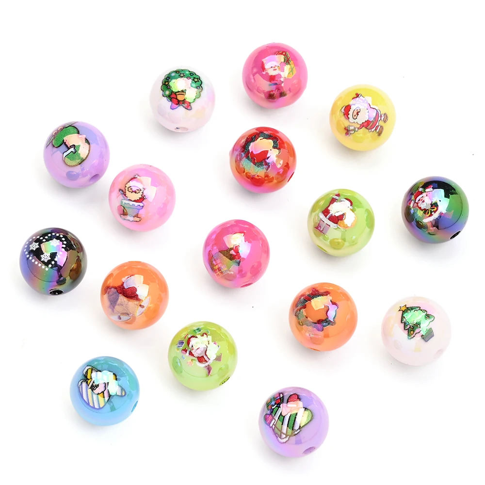 10 Stück 16mm Weihnachtsmann-Acrylperlen, bunte, farbverlaufend bedruckte Zwischenperlen für Weihnachts-DIY-Armbänder und Schmuckzubehör – Detail 4