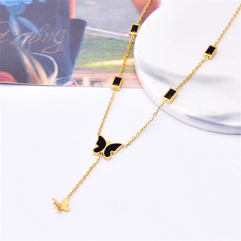 316L Stainless Steel New Fashion Fine Jewelry Embedded Zircon Welded Butterfly Charms Chain Choker Necklaces Pendants For Women