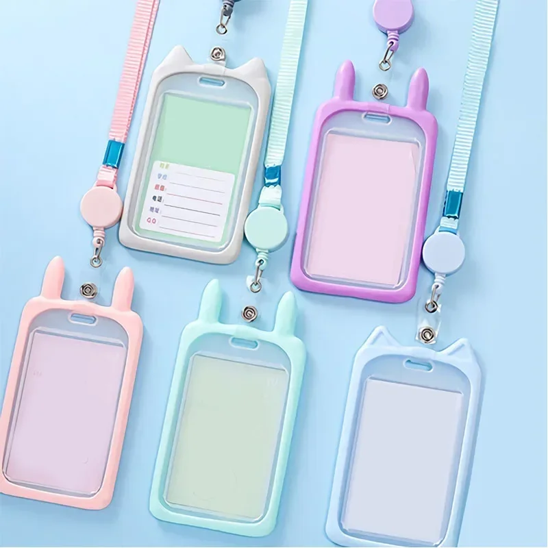 

1PCS Women's Plastic Card Holder ID Card Sleeve Credit Cover Case Bus Case Retractable Reel Lanyard Identity Bank Card Case