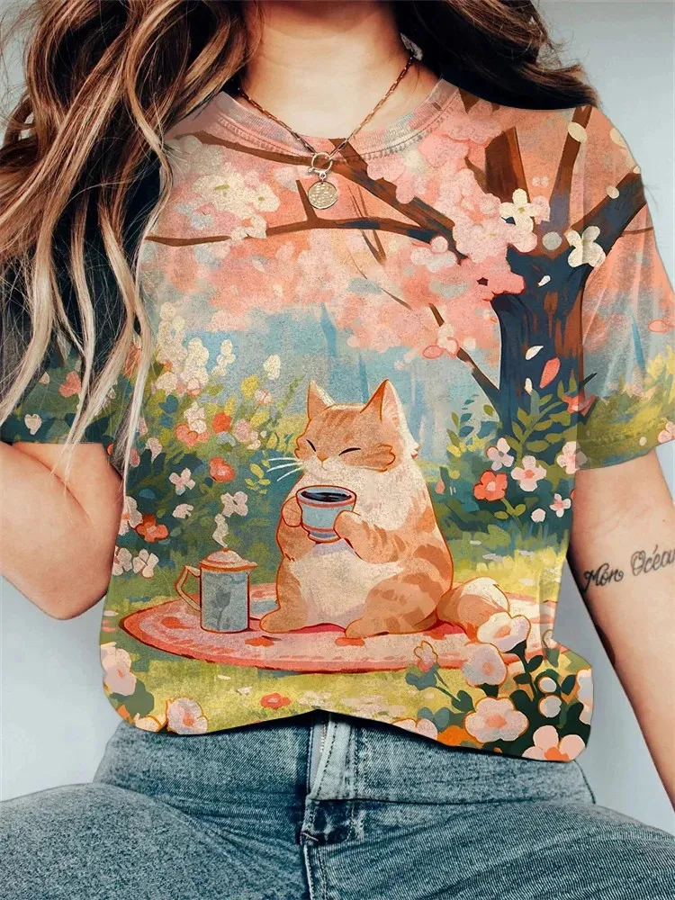 Women\'s Funny Animal Cat Printed T Shirt Short Sleeve Tees Tops 3D Prints O-Neck Shirt Summer Casual Women\'s Clothing Apparel