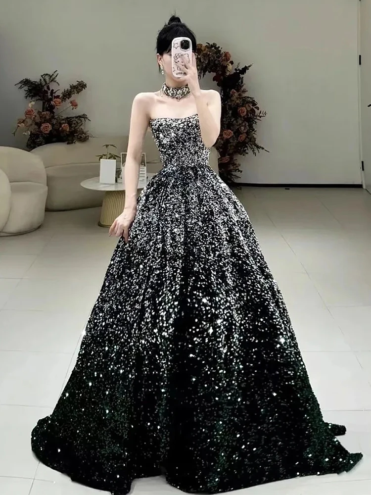 

SSYFashion New Luxury Sequins Evening Dress Sparkling Strapless A-line Prom Party Gowns for Women Vestidos De Noche