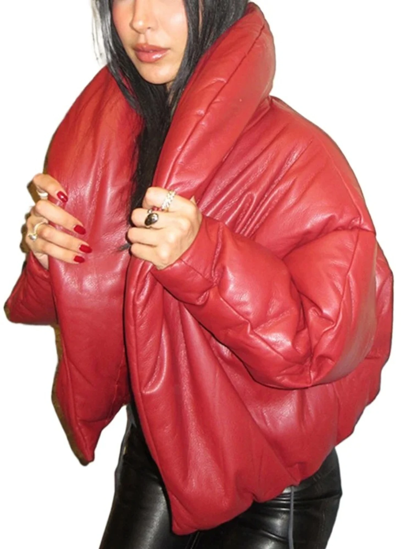 

Fashion Winter Thick Warm Quilted Coats Woman Long Sleeve Red Sexy Faux Leather Cropped Jackets Female Oversized Outerwear