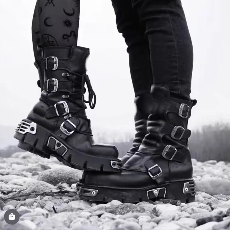 Men\'s Fashion Genuine Leather Motorcycle Boots Gothic Skull Punk Boots Design Rock Women Mid-calf Boots Metallic Combat Boot48