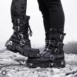 Men's Fashion Genuine Leather Motorcycle Boots Gothic Skull Punk Boots Design Rock Women Mid-calf Boots Metallic Combat Boot48