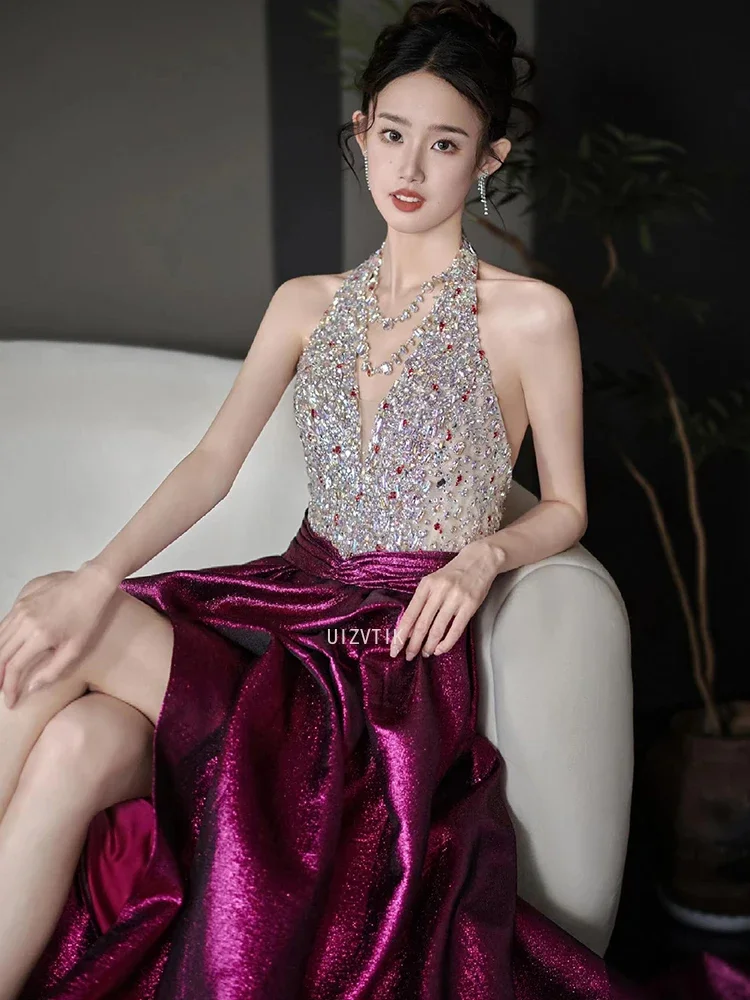 Lichte luxe beroemdheidsfeestjurken Kralen Halter Ruglooze pailletten Vloerlengte Zijde Satijn Vrouw High-end bruiloftsgalajurken