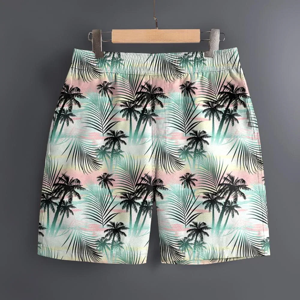 Men Hawaiian Floral 3D Print Swim Trunks Tropical Palm Tree Leaf Graphic Quick Dry Drawstring Summer Casual Beach Shorts