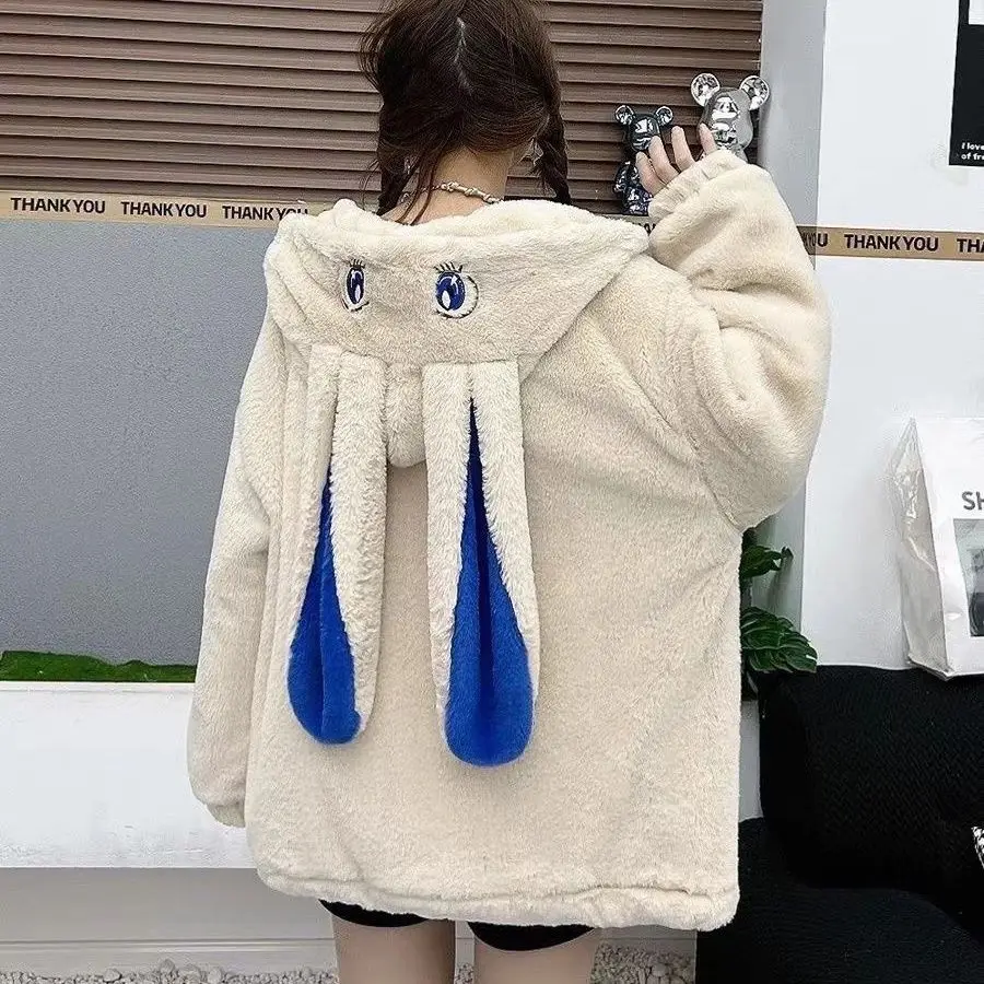 Plush 2023 Autumn Winter New  Collection  with  Thick Cotton  Loose and Fashionable Small Student Cotton  Coat  Blue Ears  Style