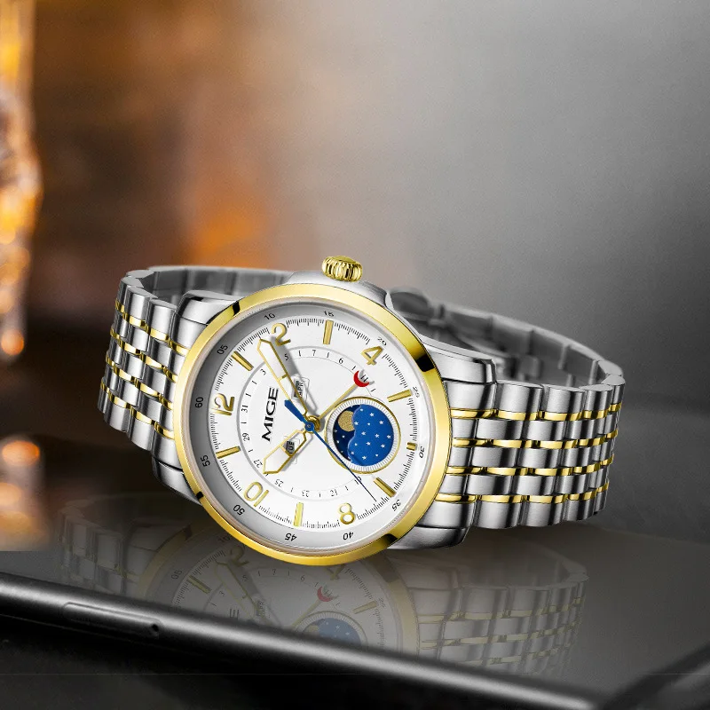 MIGE Men Quartz Watch Moon Phase Calendar Display Two Tone Stainless Steel Band Waterproof Business Male Wristwatch Gift