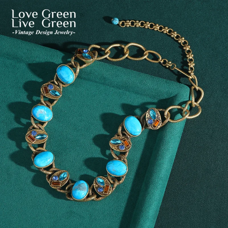 

Vintage Turquoise Blue Stone Necklace Antique Gold Color Chain Colorful Crystal Jewelry 2025 High Quality Luxury Designer New