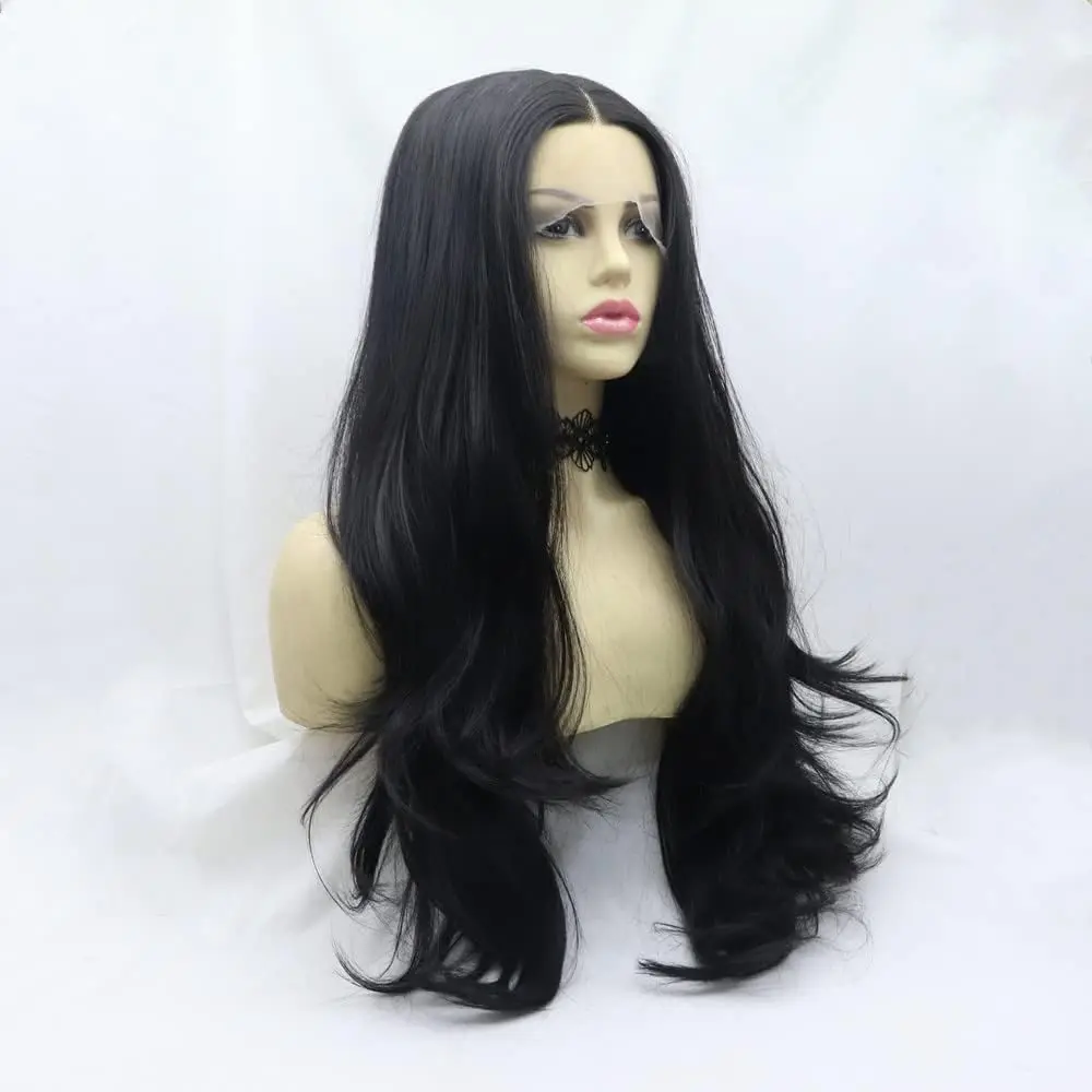 Sylvia Natural Black Wig 1b#Black Natural Wavy Synthetic 1 * 12 Lace Front Wig Heat Resistant Fiber Hair Glueless Soft Wig