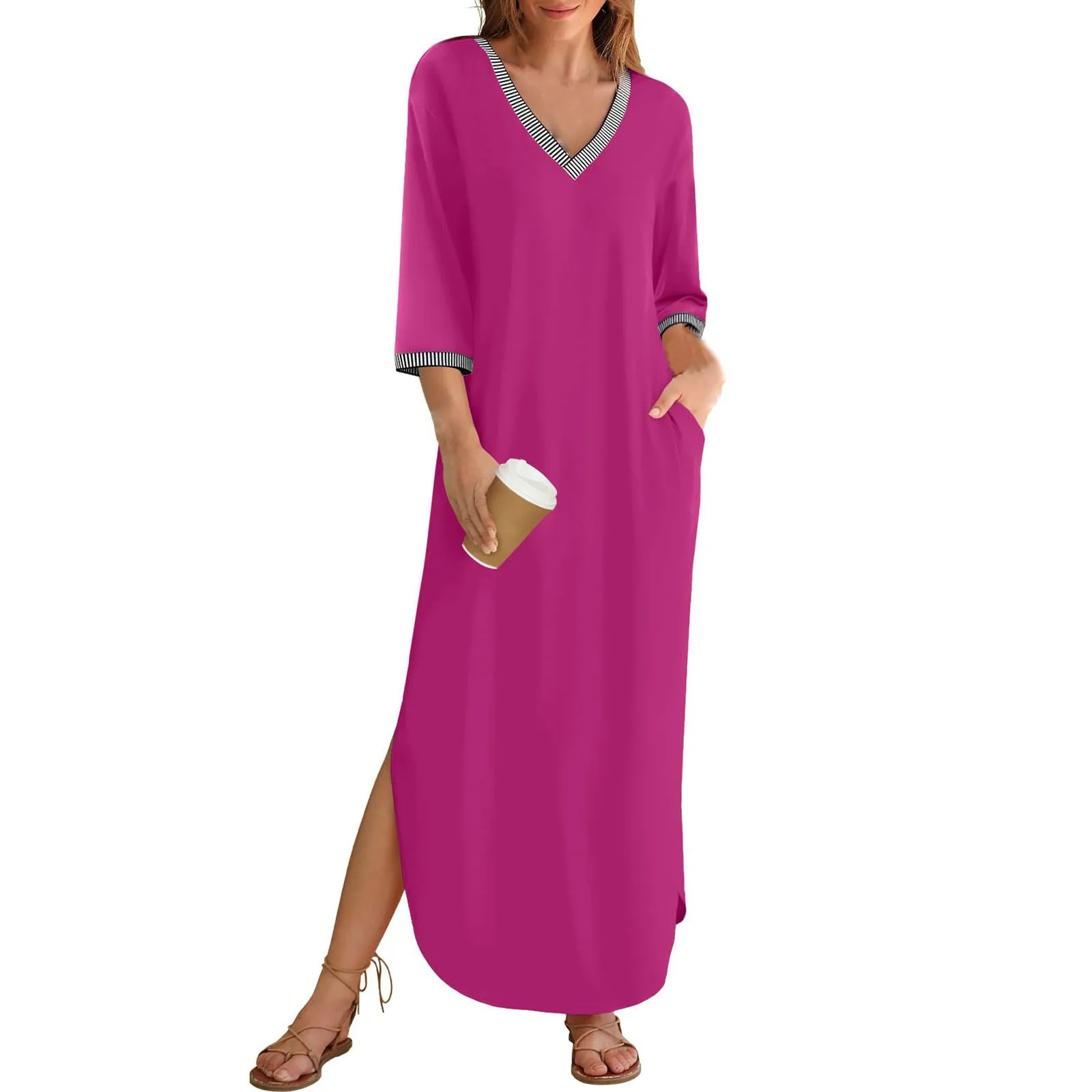 

Ladies' Casual Loose Vestidos Solid Retro Long Dress Fashion 3/4 Sleeve Sundress Holiday V-Neck Robe Oversized Pocket Dress