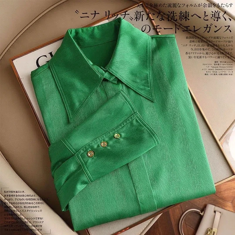 

High Quality Elegant Imitation Silk Blouse Spring Autumn Women Fashion Long Sleeves Blouse Vintage Femme Shirts