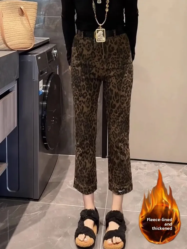 Jeans in denim con stampa leopardata foderati a gamba dritta a vita alta Pantaloni vintage a nove tubi da donna Jeans casual Waed