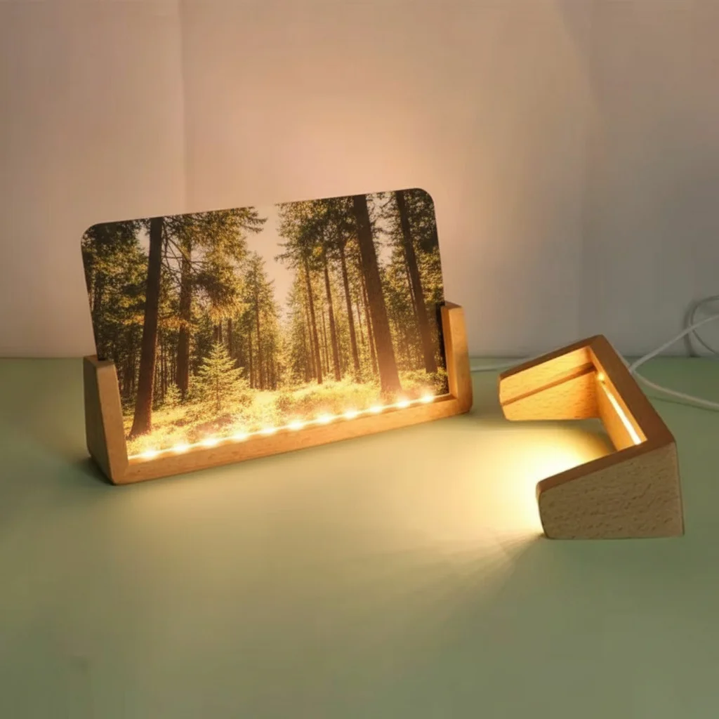 

Non-slip Multi-functional Lighted Picture Frame Warm Light Wooden Lighted Base U-Shape Design USB Plug in LED Lighted Stand