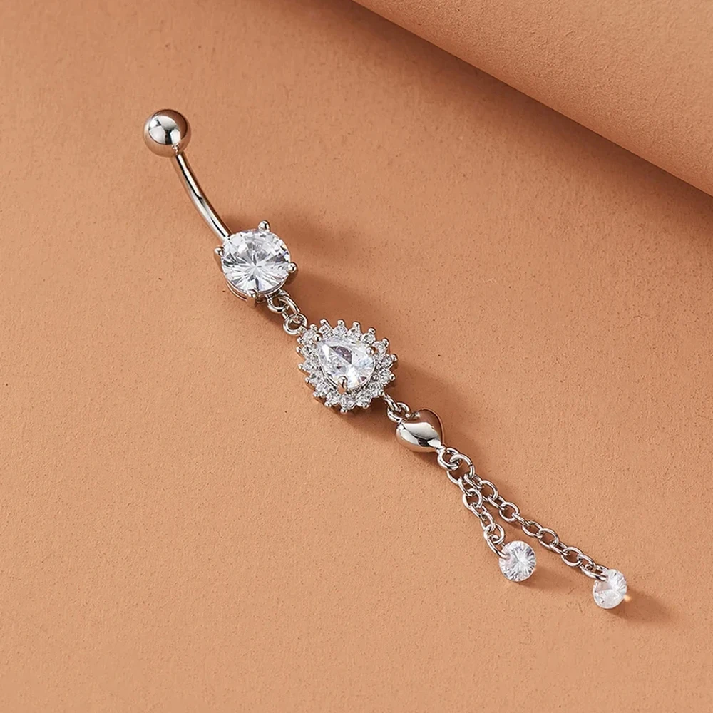 Heart Series Crystal Zircon Belly Button Ring 14G Dangled Heart Chain Navel Belly Piercing Nombril Stainless Steel Body Jewelry