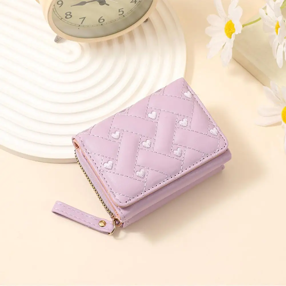 Small Wallet with Coin Pocket Women Stylish -fold Wallet with Embroidered Heart Mini Card Holder Zippered Coin for Shopping