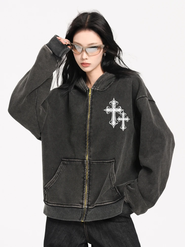 Crucifixion Creative Print Washed Zipper Hoodie Woman Fashion Oversize Hoody Autumn O-Neck Streetwear Casual Cotton  Pullover