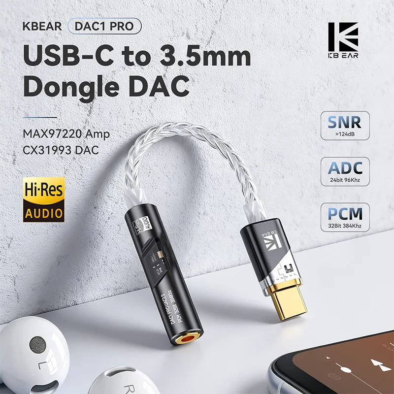 KBEAR DAC1PRO Type-C to 3.5mm HiFi DAC Dongle, Lossless Digital Audio Decoder Adapter Cable,HI-RES for TBX,Kalideer