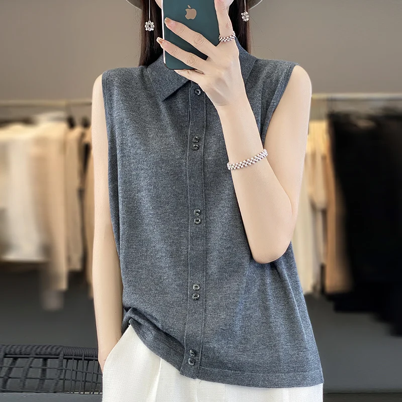 

POLO collar wool solid color versatile commuting vest for women in early autumn 2024, sleeveless knitted cardigan vest