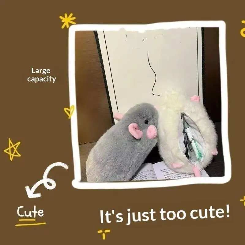 【B】Mouse Shaped Fluffy Plush Pencil Bag Large Capacity For Student School Stationery Storage